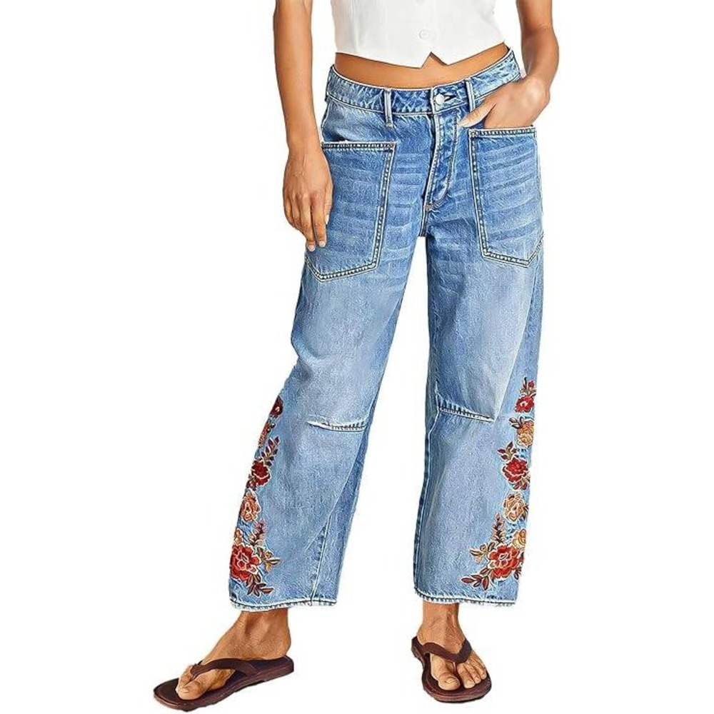 Embroidered Light Blue Wide Leg Jeans for Women